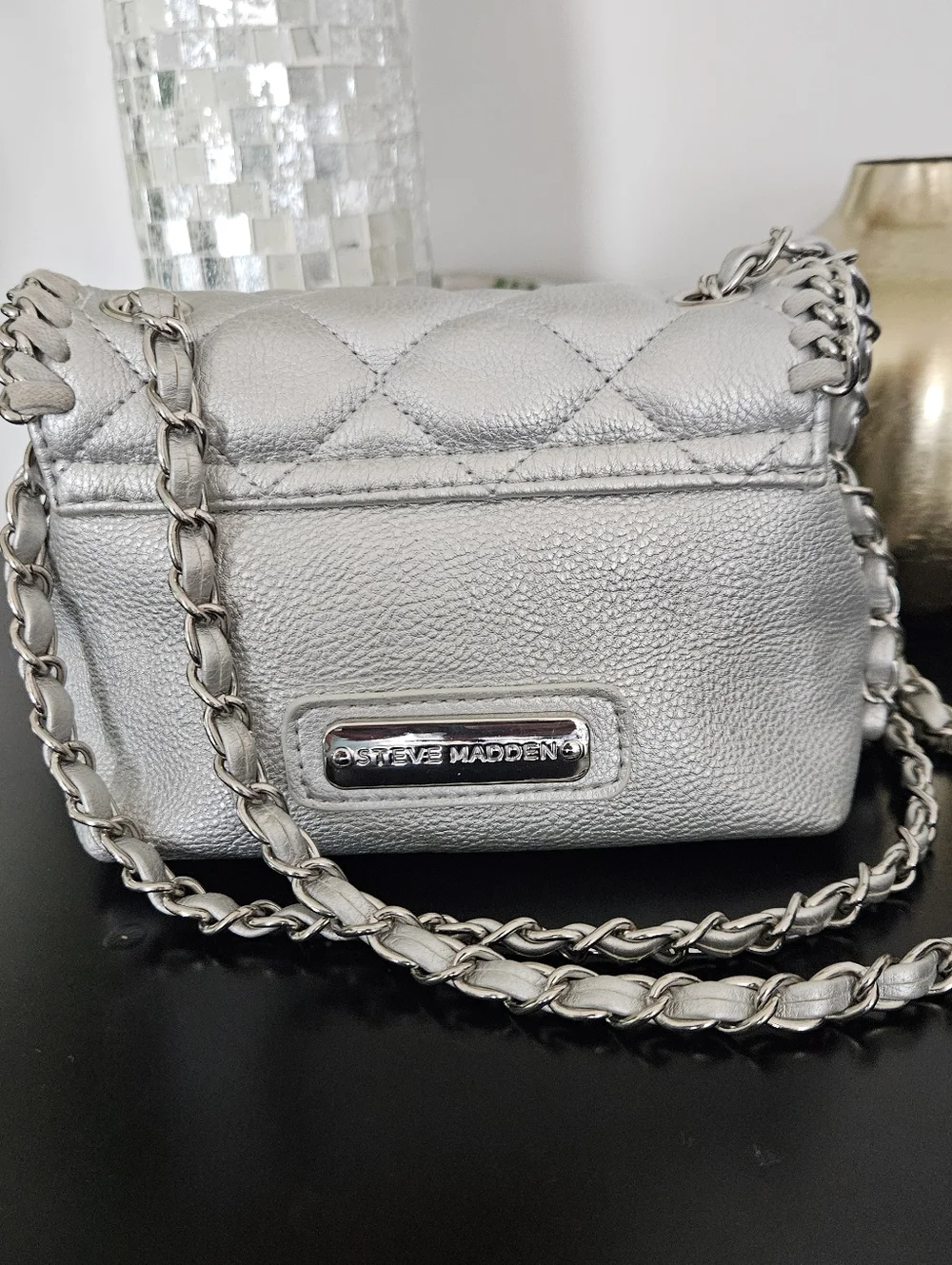 Steve Madden Quilted Metallic Silver Chain Shoulder Bag - Picture 2 of 16